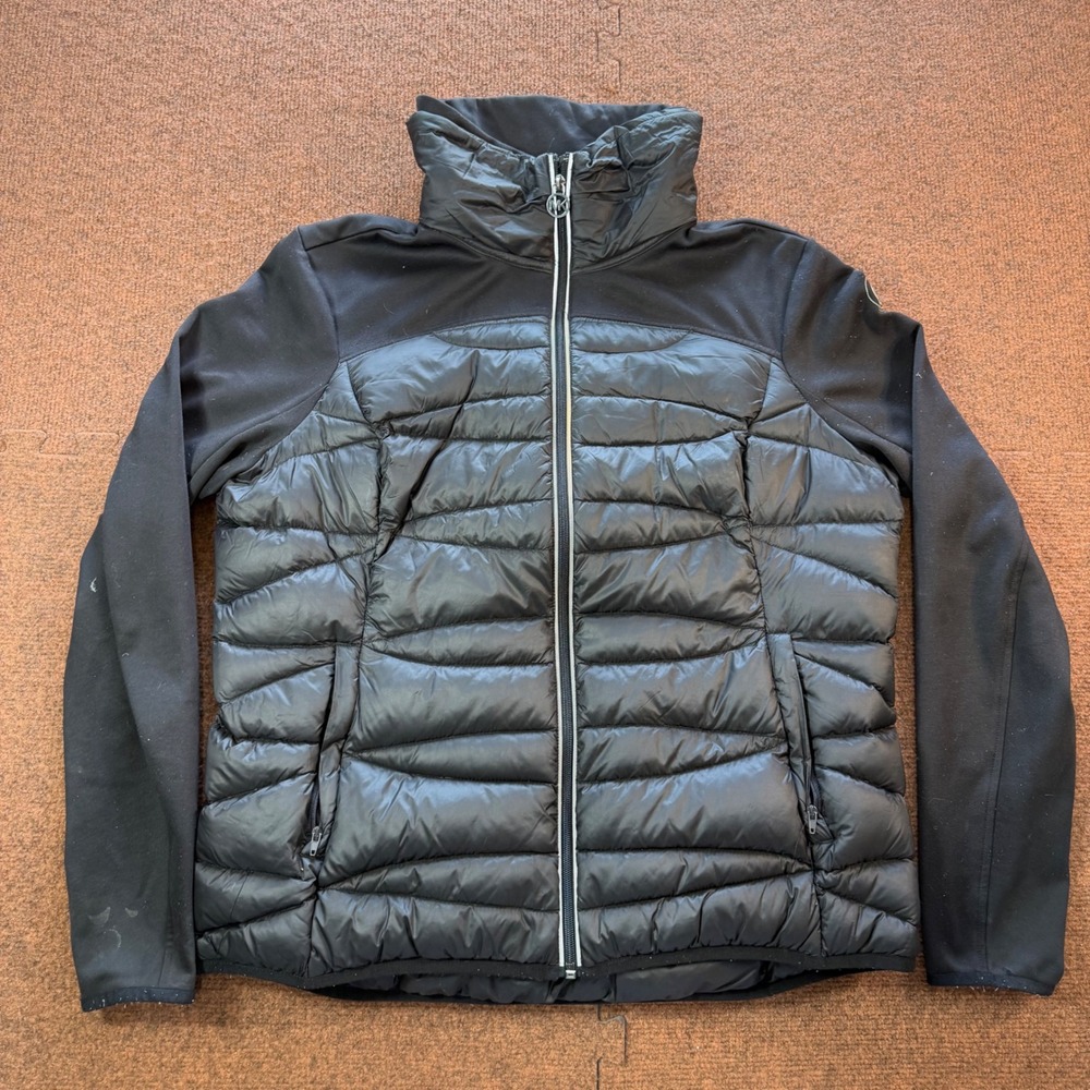 Michael Kors Hybrid Puffer Jacket Womens XL Black Down Quilted Softshell Zip Up